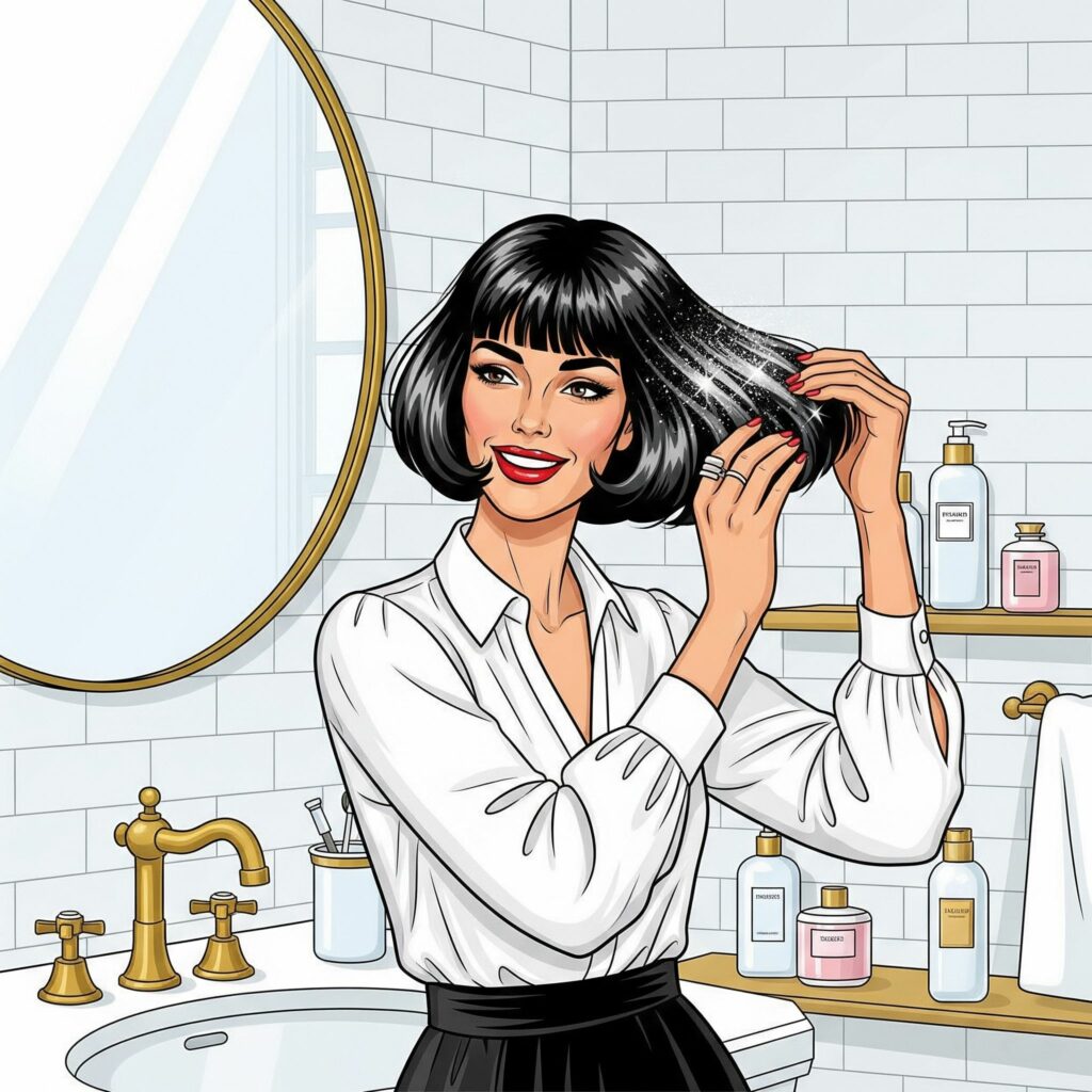 Image illustrant nos astuces pour des cheveux brillants Illustration d’une femme appliquant un soin capillaire avec effet scintillant “poussière de fée” sur les cheveux