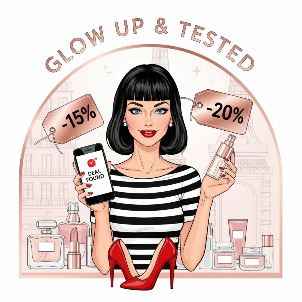 Image illustrant nos codes promos beauté Illustration d’une femme parisienne avec smartphone et produits, étiquettes de réductions, logo Glow Up & Tested en arc rose gold