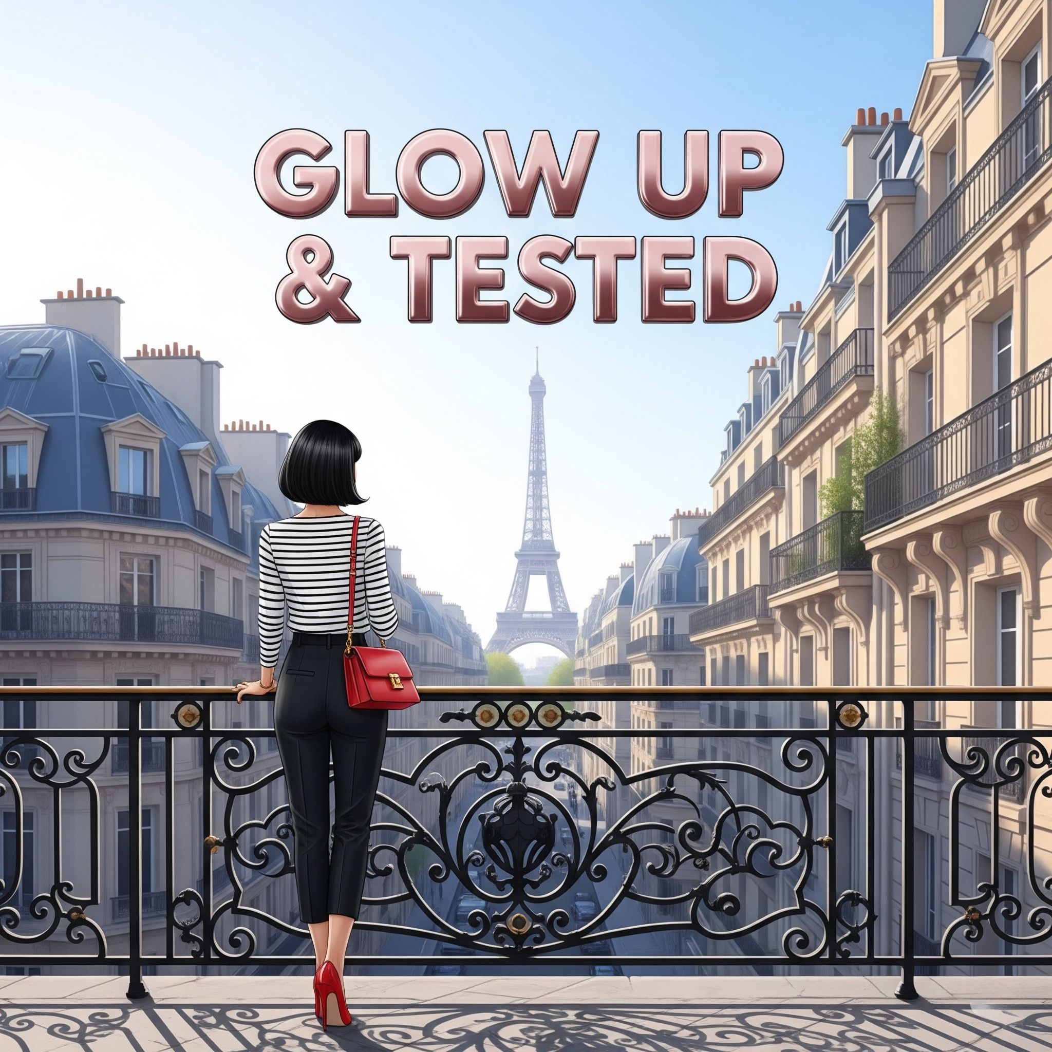 llustration d’une femme parisienne de dos, portant une marinière et des talons rouges, observant la Tour Eiffel depuis un balcon — Glow Up & Tested