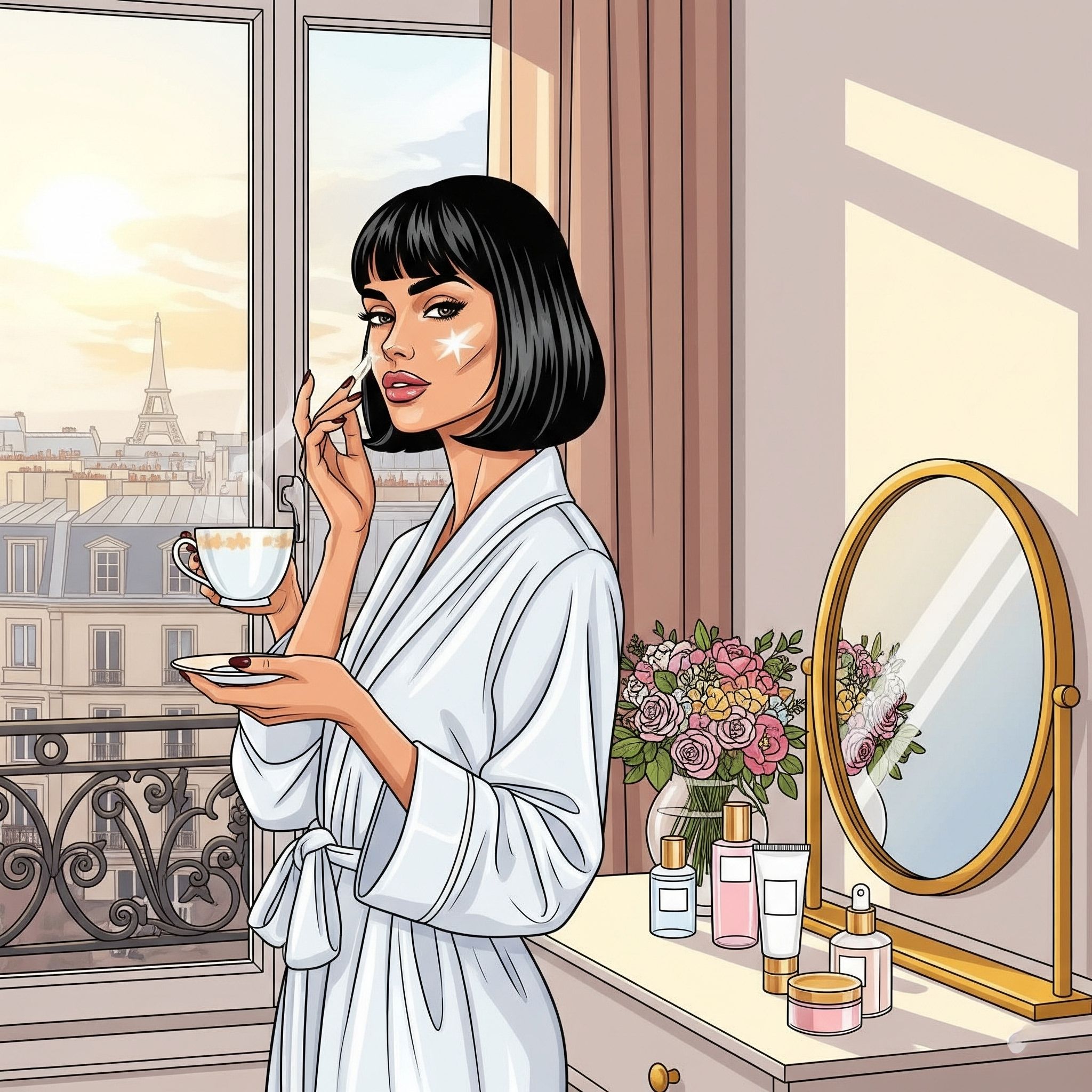 Illustration d’une femme parisienne appliquant sa routine skincare du matin dans une salle de bain lumineuse (style pop parisian chic)