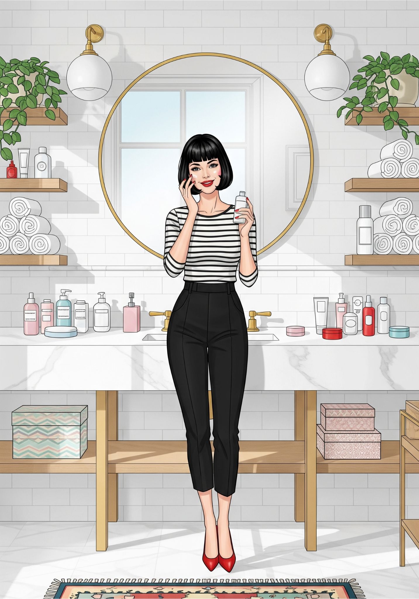 Illustration d'une femme parisienne chic appliquant une crème dans une salle de bain élégante, image éditoriale pour Glow Up & Tested