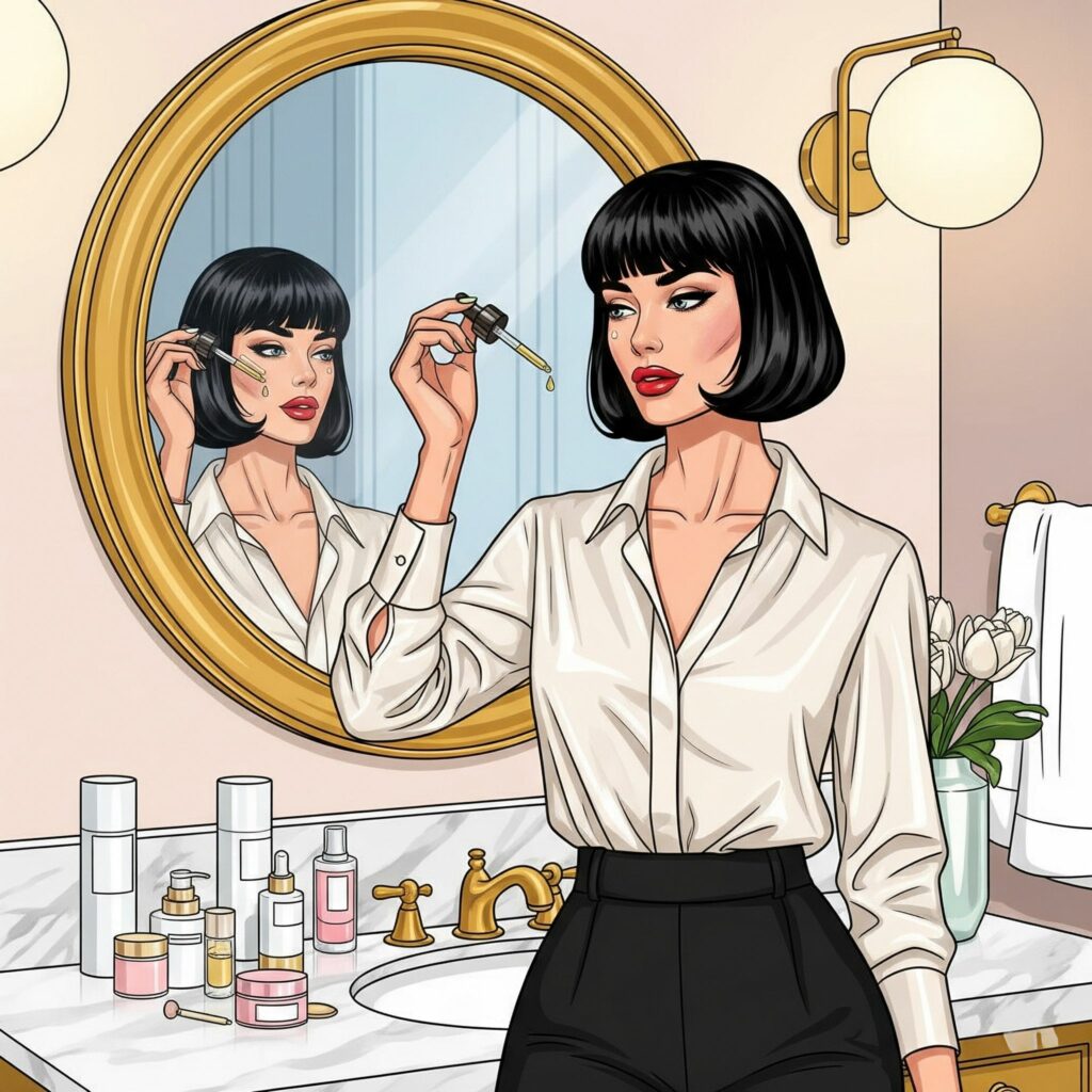 Image illustrant notre sélection de sérums anti-âge Illustration d’une femme parisienne tenant une pipette de sérum anti-âge devant un miroir doré (rose poudré, blanc, doré)