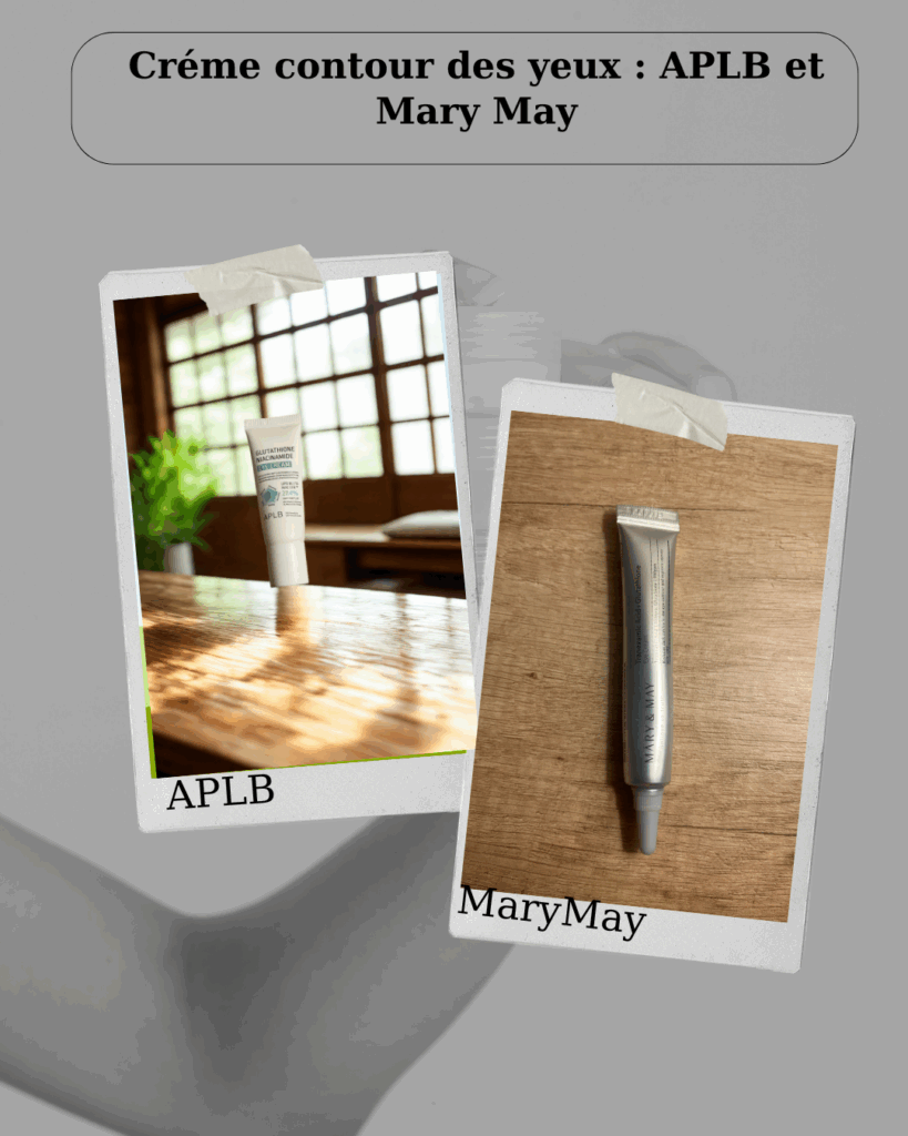 Comparatif de deux cremes contour des yeux APLB Glutathione et Mary May photographies sur fond en bois