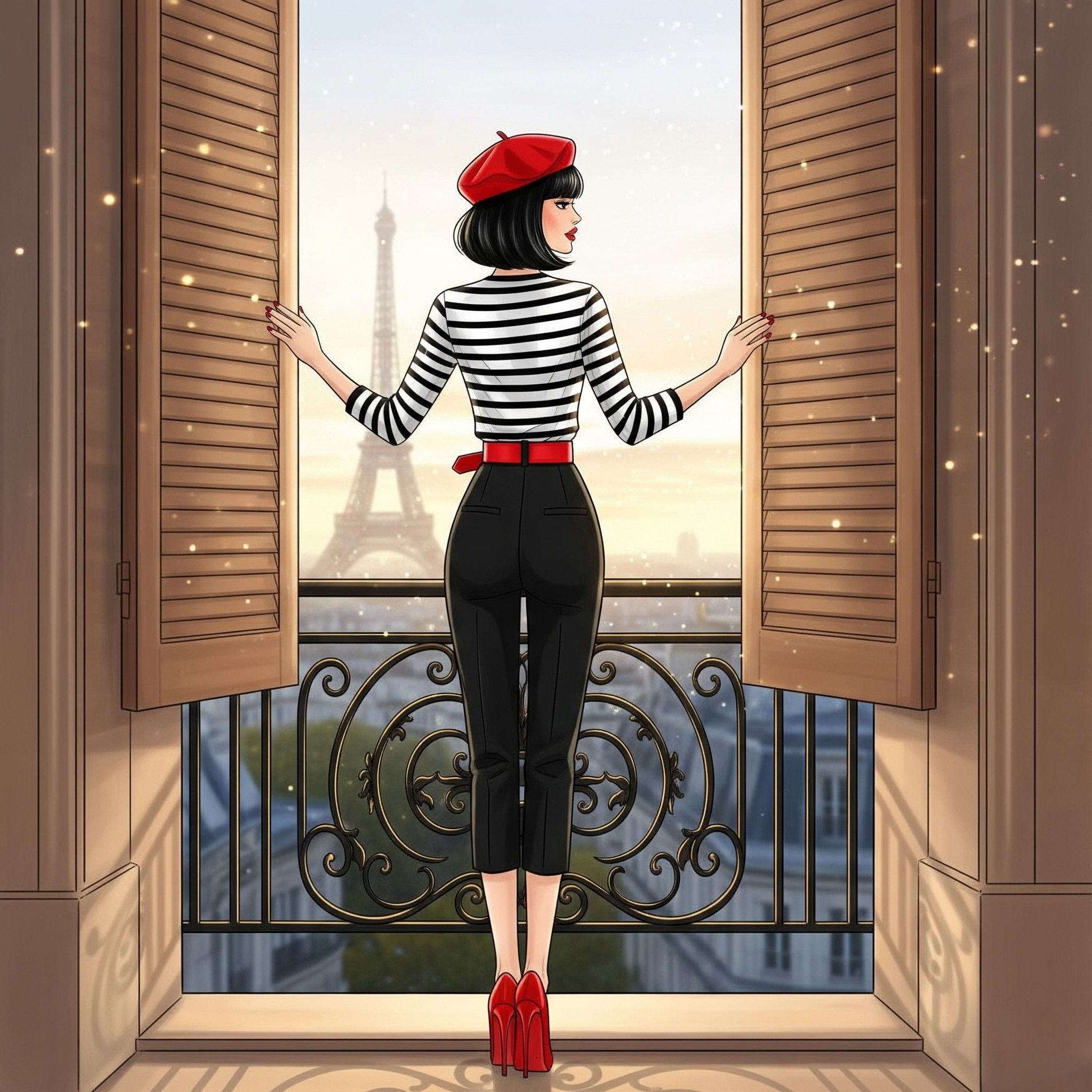 Illustration d'une femme parisienne chic sur son balcon, vue sur Paris, profil élégant, représentant Sarah fondatrice de Glow Up & Tested
