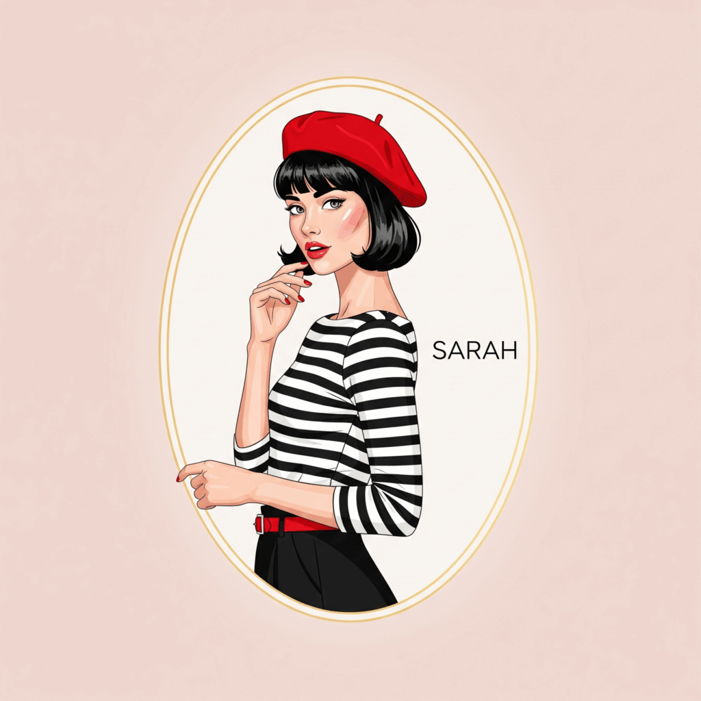 Illustration de Sarah, femme parisienne chic en marinière et béret rouge, icône de Glow Up & Tested, blog beauté et skincare avec tests produits et conseils.