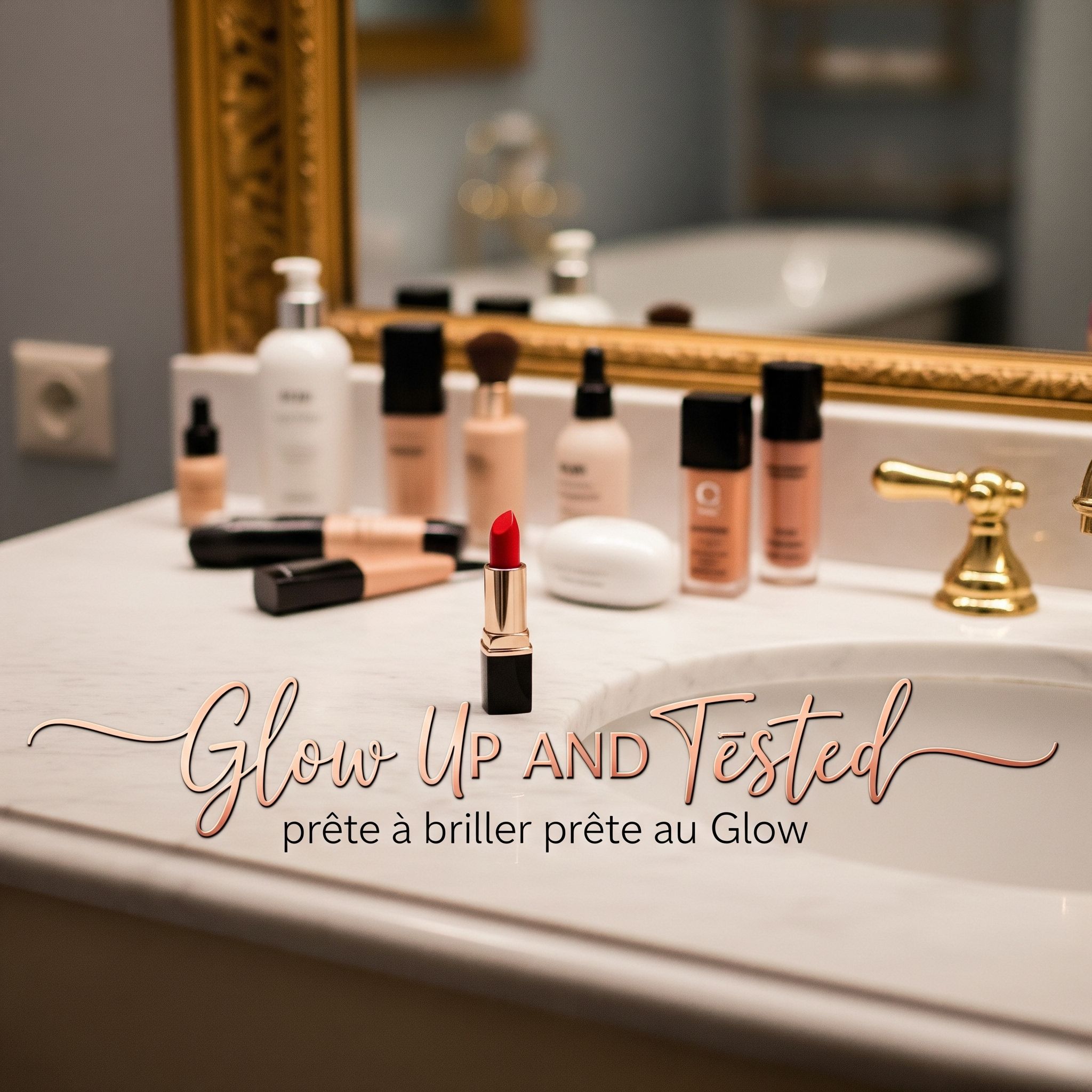 Plateau en marbre de salle de bain avec rouges à lèvres et produits cosmétiques, esprit parisien chic, logo Glow Up & Tested en rose gold, prêt à briller et rayonner.