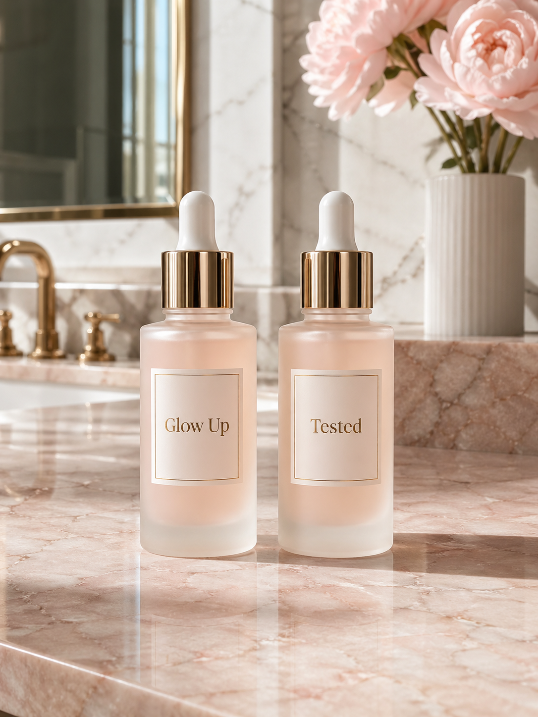 Illustration de Sarah &mdash; testeuse beaut&eacute; Glow Up & Tested, fond rose poudr&eacute;